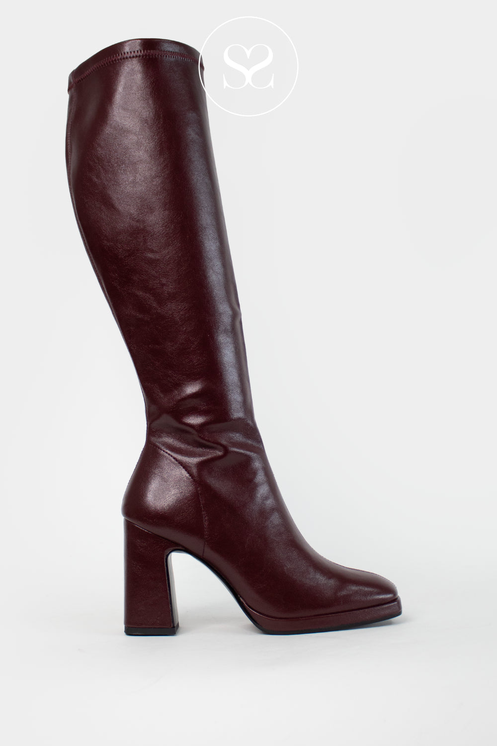 LODI BURGUNDY STRETCH PLATFORM BLOCK HEEL KNEE HIGH BOOTS LIMBO