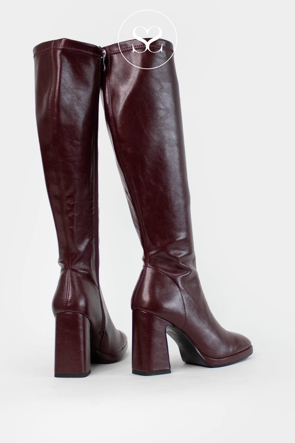 BUY LODI BURGUNDY STRETCH PLATFORM BLOCK HEEL KNEE HIGH BOOTS LIMBO - IRELAND