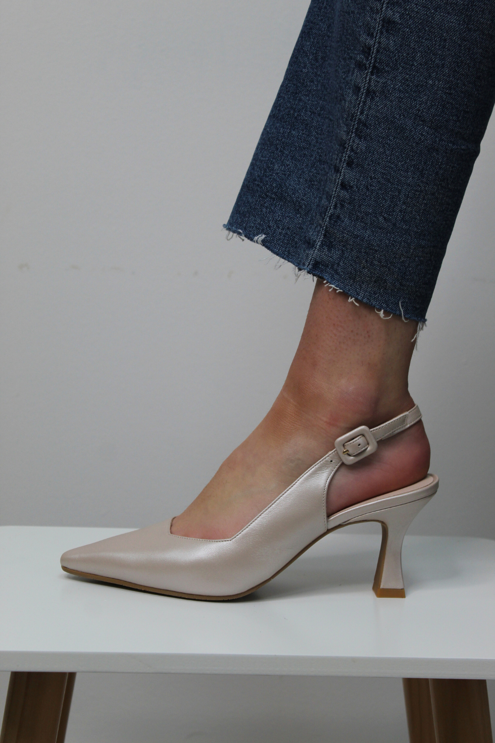 Lodi pearl pointed toe slingback flared low heel shoe with adjustable ankle strap