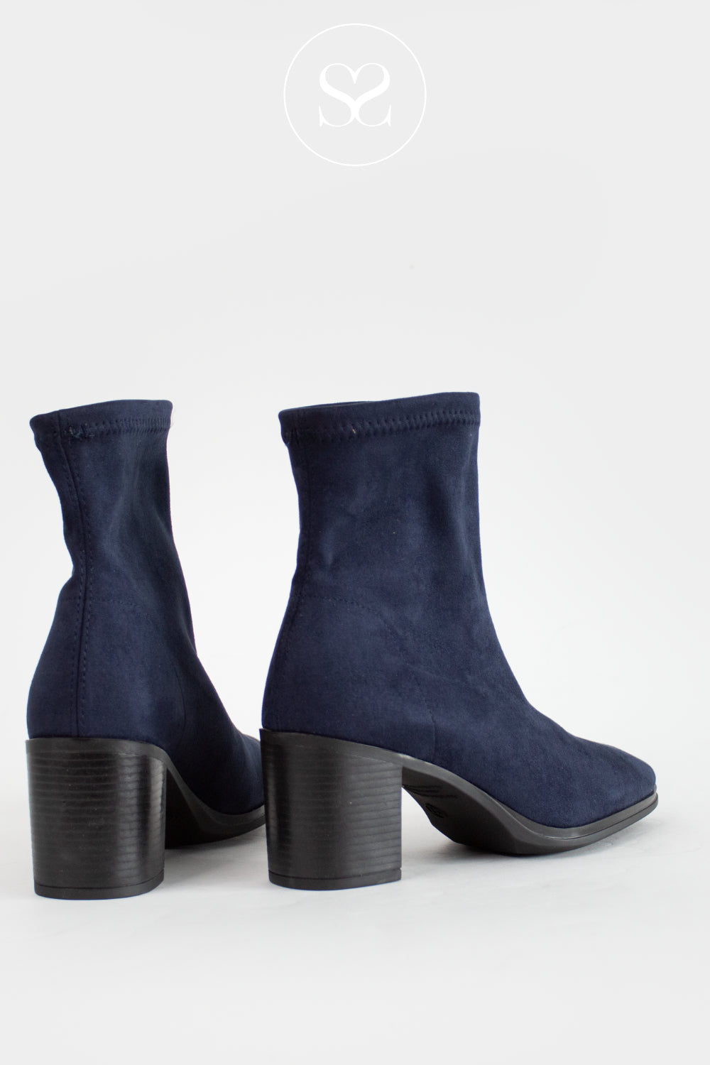 Miss Elastic Navy Suede Block Heel Sock Boots - 78200