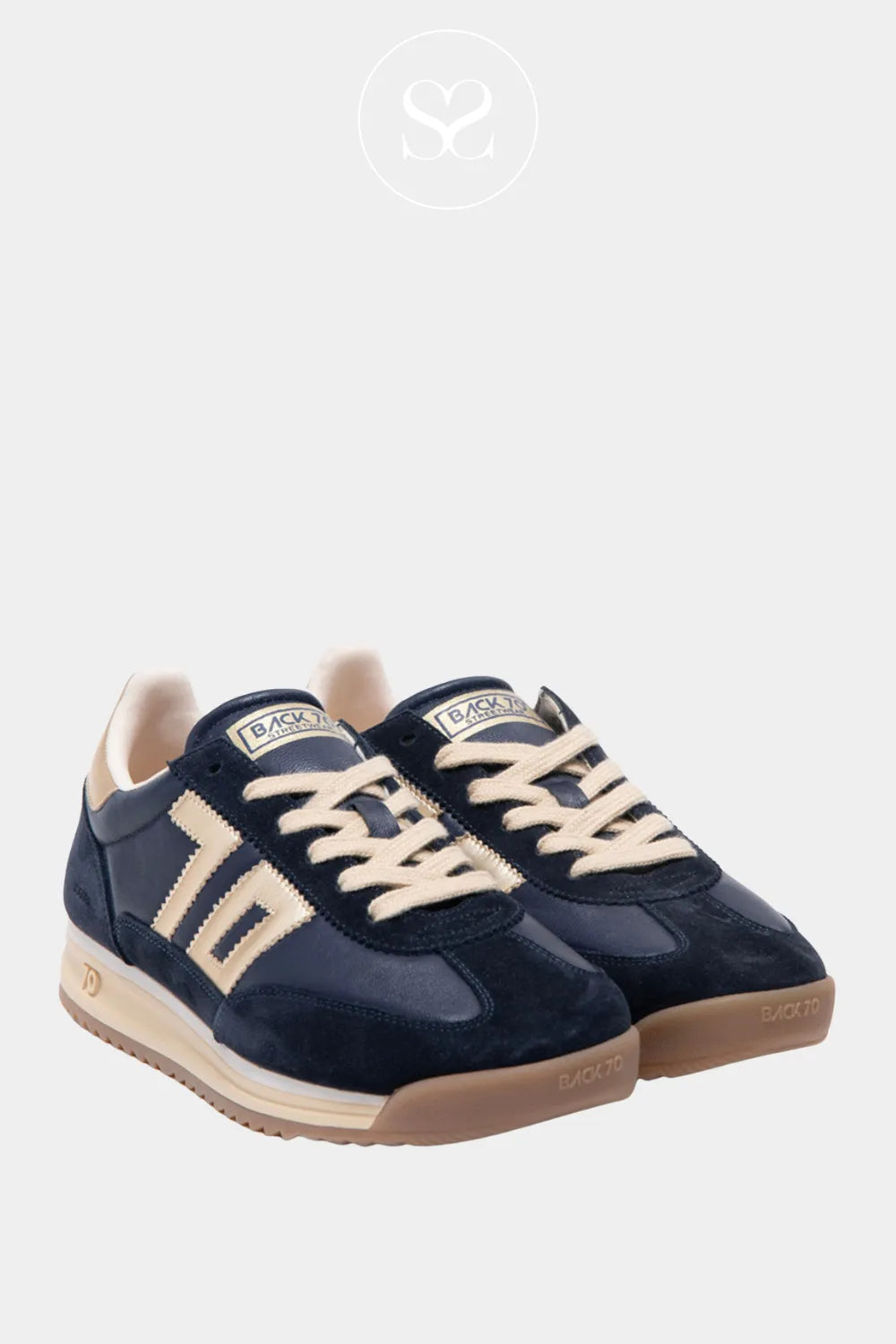 BACK70 NAVY LEATHER RETRO TRAINERS JOGGER SNEAKERS FOR WOMEN WITH NAVY SUEDE TOE CAP