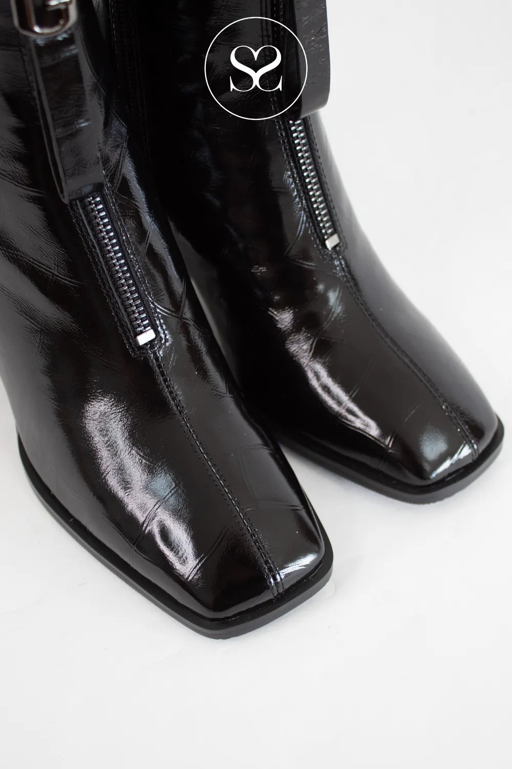 LORETTA VITALE BLACK PATENT CROC EFFECT BLOCK HEEL ANKLE BOOTS C9659 FOR WOMEN