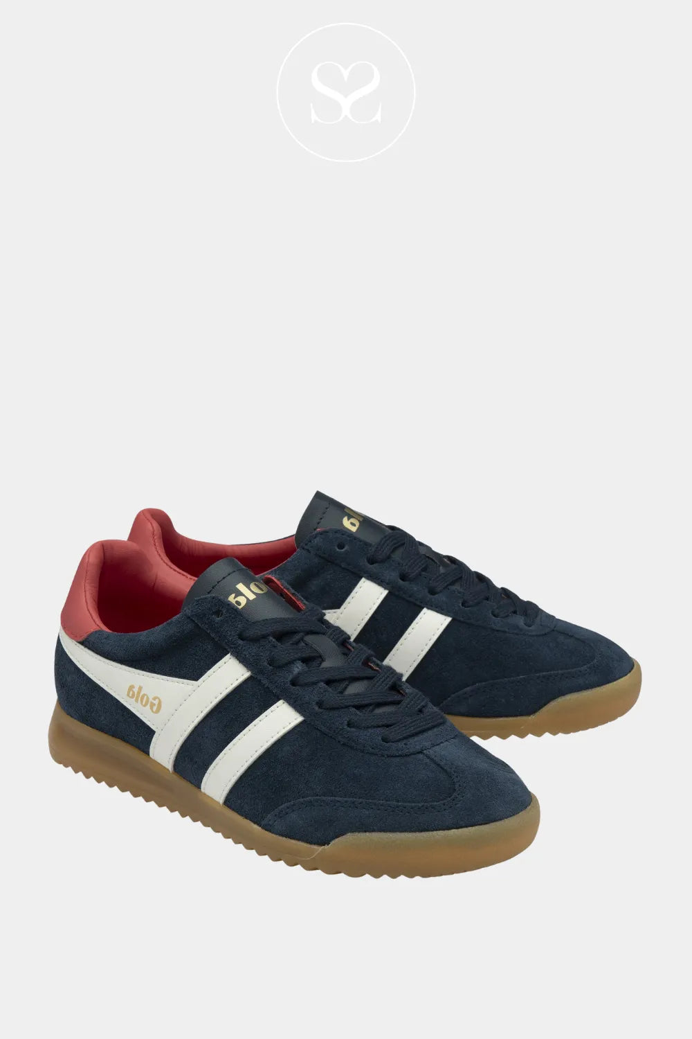 GOLA TORPEDO NAVY SUEDE LACE UP TRAINERS WITH GUM SOLE AND PINK HEEL AND SIGNATURE WHITE STRIPES