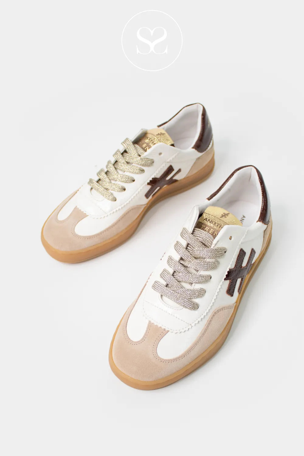 Another Trend White And Brown Trainers - A032-T493 for women crisp white leather base provides a clean foundation, with rich brown detailing