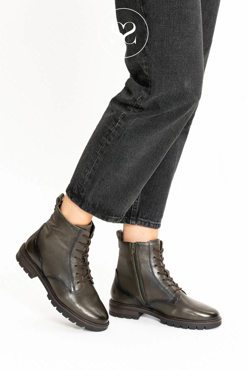 Dark Olive Green Leather Lace Up Military Boots - 12-11260 - Ara