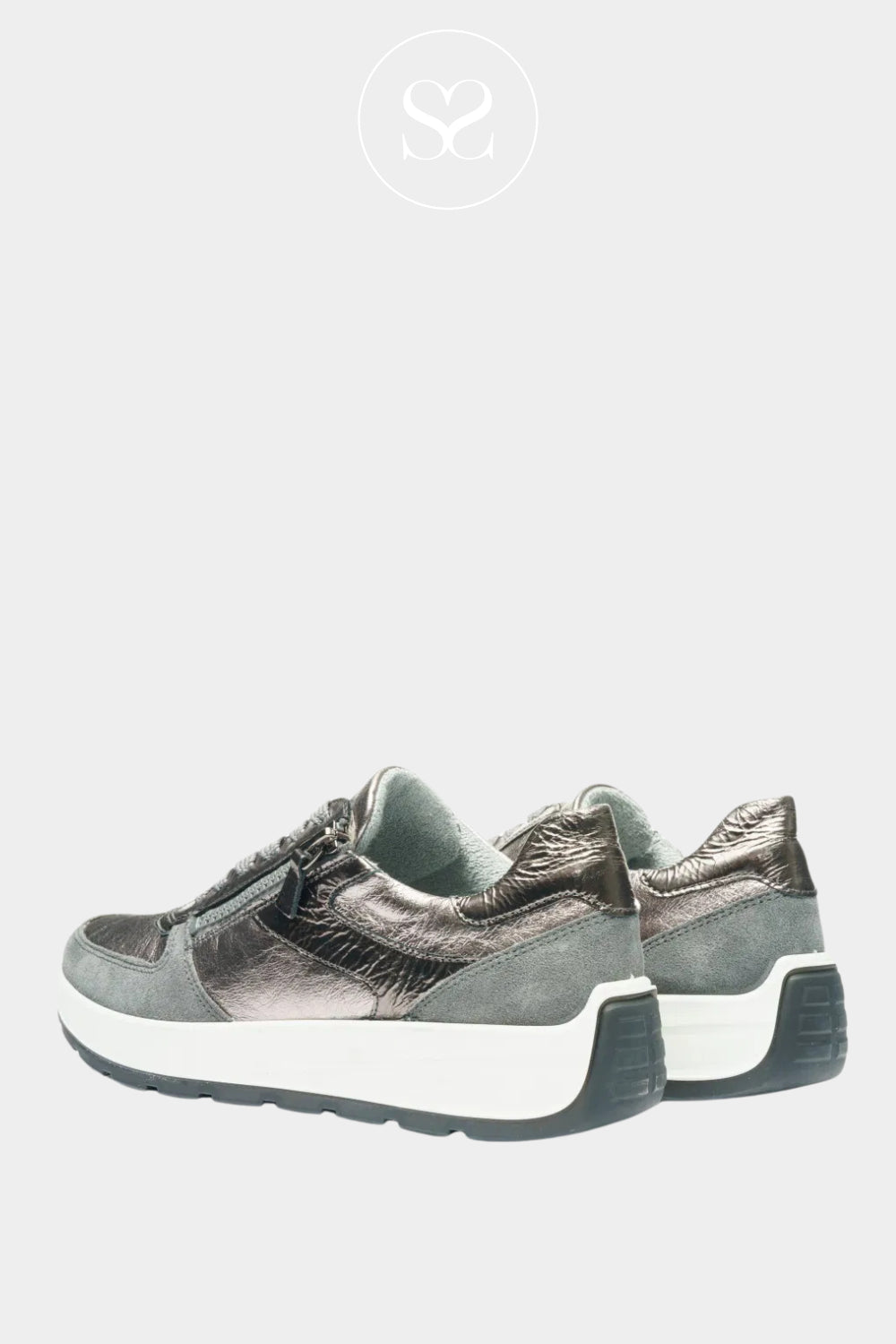 ARA PEWTER AND SILVER METALLIC WEDGE LACE UP TRAINERS 12-25112