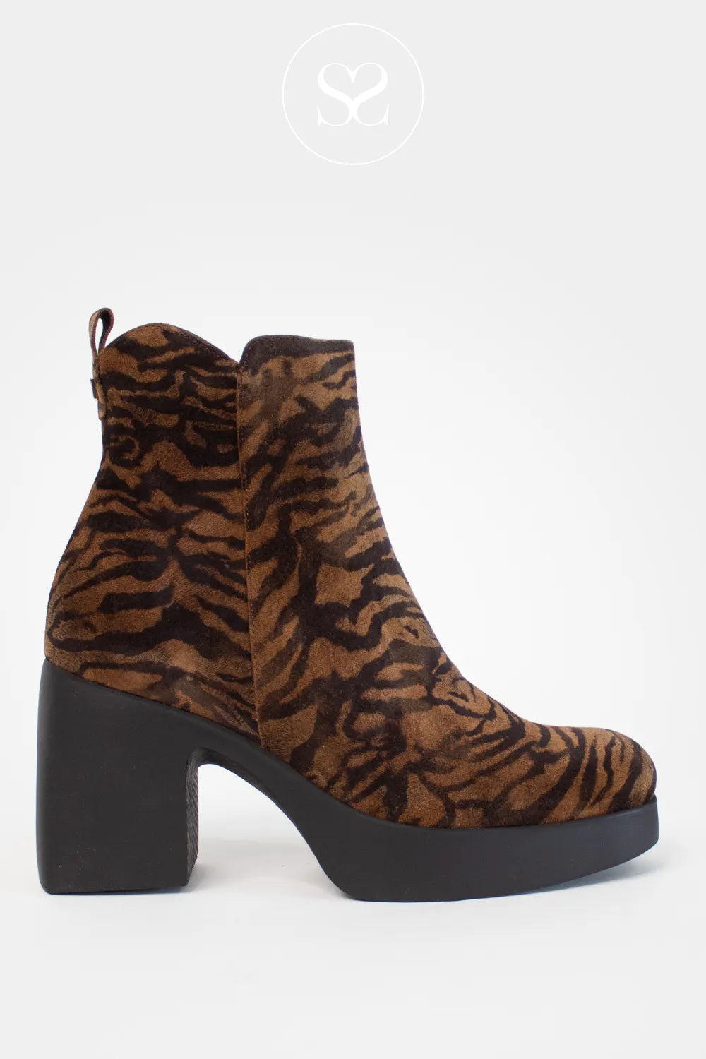 WONDERS TAN/BLACK ZEBRA PRINT PLATFORM BLOCK HEEL ANKLE BOOTS H-4981 FOR WOMEN MADE WTH SOFT SPANISH LEATHER FOR ALL DAY COMFORT