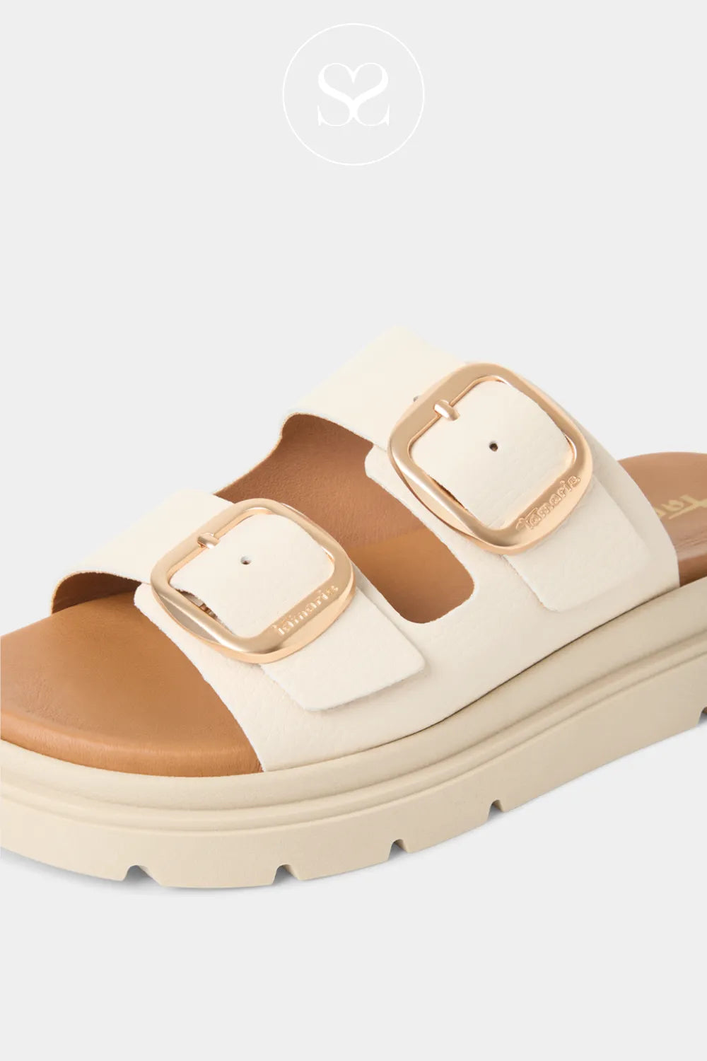 Tamaris Beige Chunky Slider Sandals with adjustable gold buckles 1-27239-42
