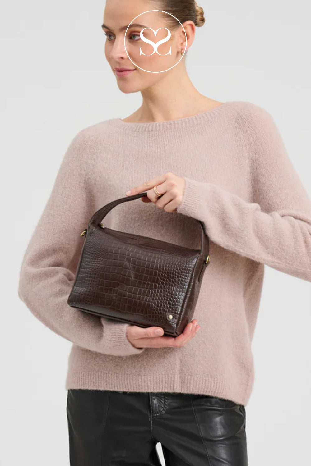 woman holding Depeche Dark Brown Croc CrossBody Handbag 17114 Ireland