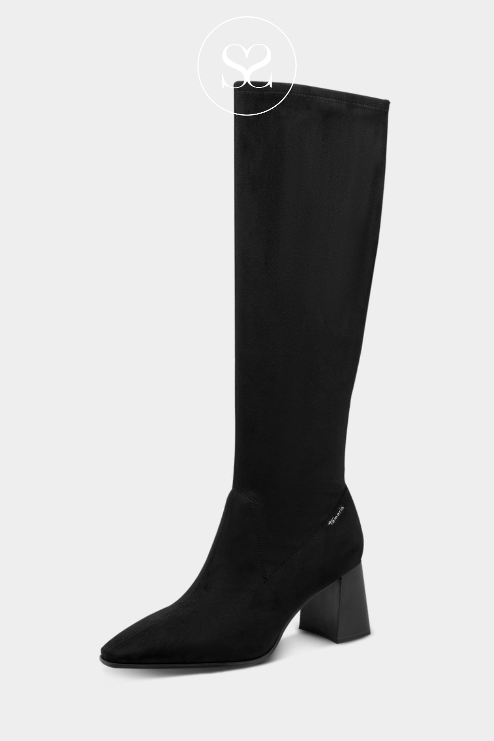 Black knee-high heeled boots with a pointed toe, soft stretch-style upper and modern flared block heel.