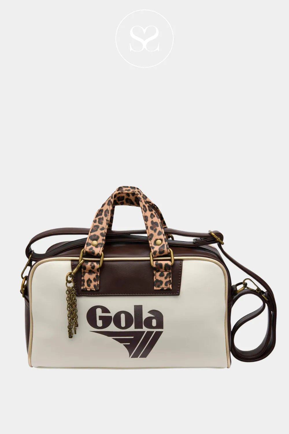 Gola brown cream and leopard print hold all bag with zip and long crossbody strap.