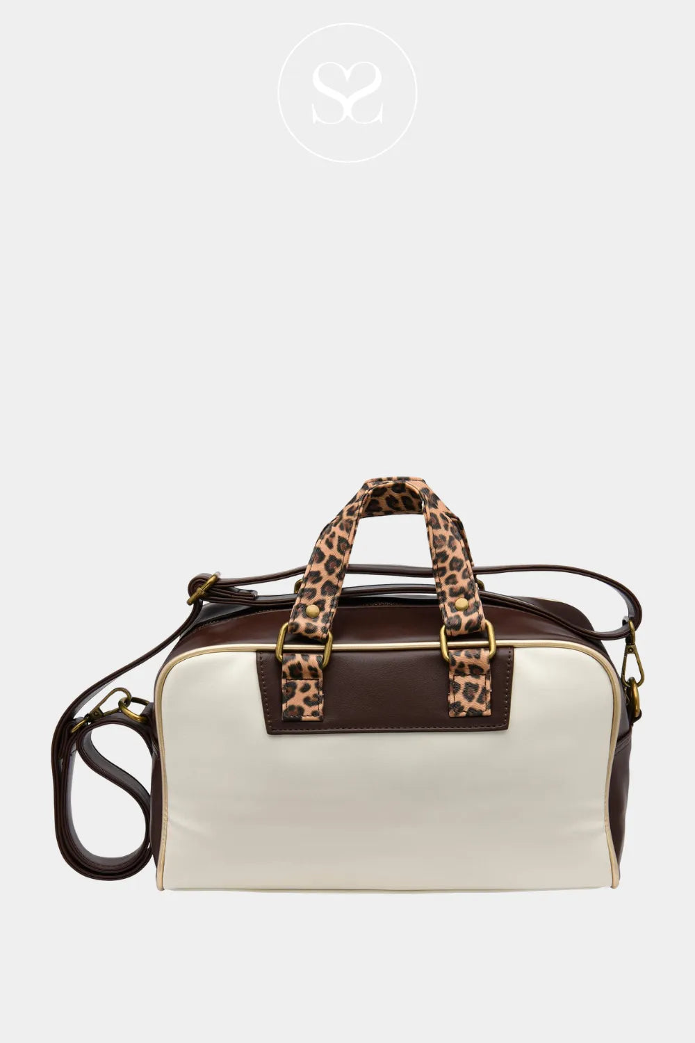 Gola brown cream and leopard print hold all bag with zip and long crossbody strap.
