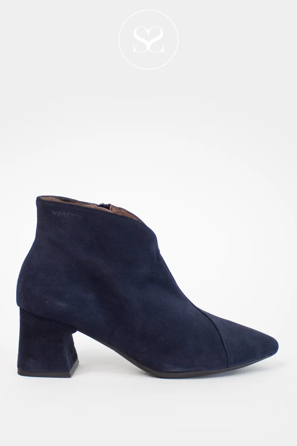 WONDERS NAVY SUEDE POINTED TOE BLOCK HEEL ANKLE BOOTS I-9013 FOR WOMEN WITH SOFT SPANISH LEATHER AND SUEDE FOR ALL DAY COMFORT 
