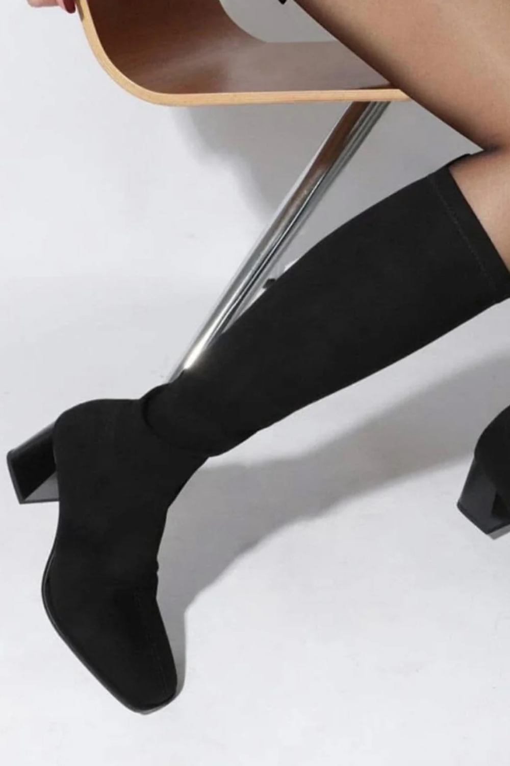 LODI BLACK STRETCH KNEE HIGH BOOTS WITH BLOCK HEEL - HALBOR IRELAND