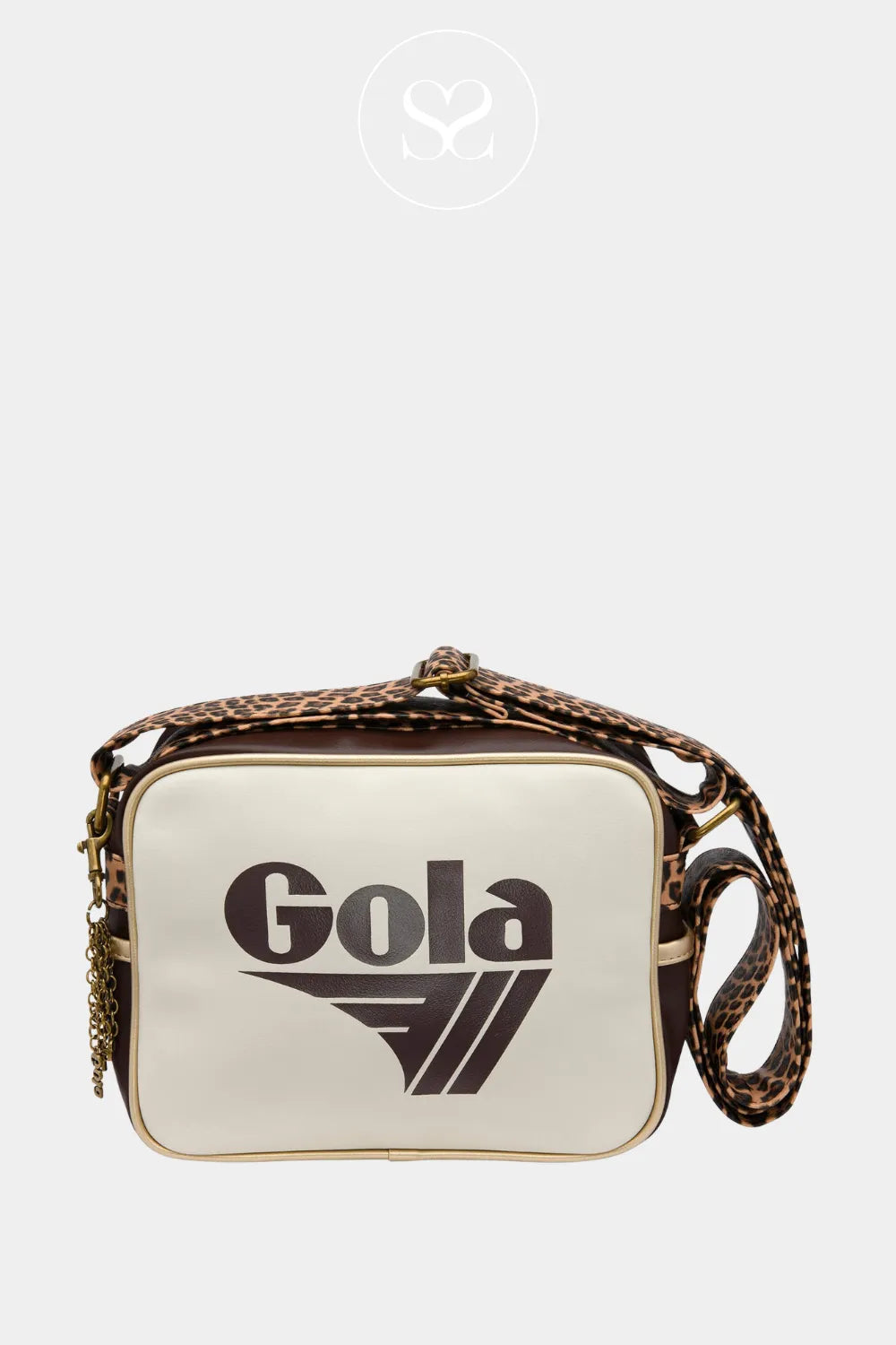 Gola small cream crossbody bag with leopard print strap, zip pocket and gola logo across the bag. Sporty vibes.