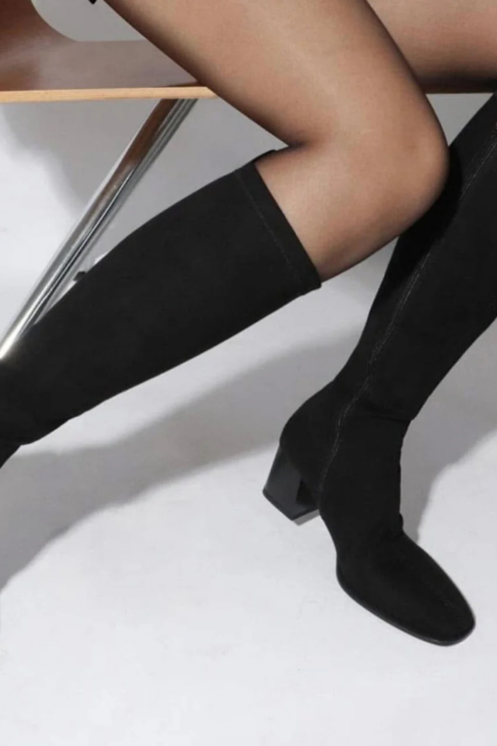 LODI BLACK STRETCH KNEE HIGH BOOTS WITH BLOCK HEEL - HALBOR