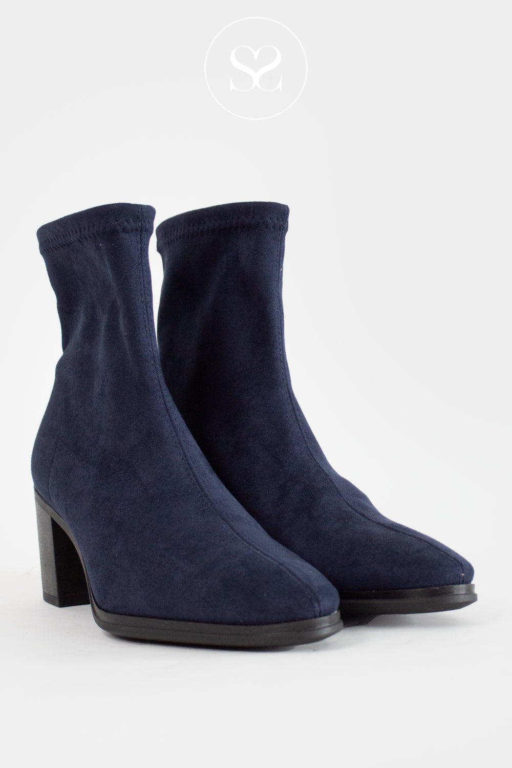 Comfortable  Navy Suede Block Heel Sock Boots - 78200 - Miss Elastic Boots Ireland