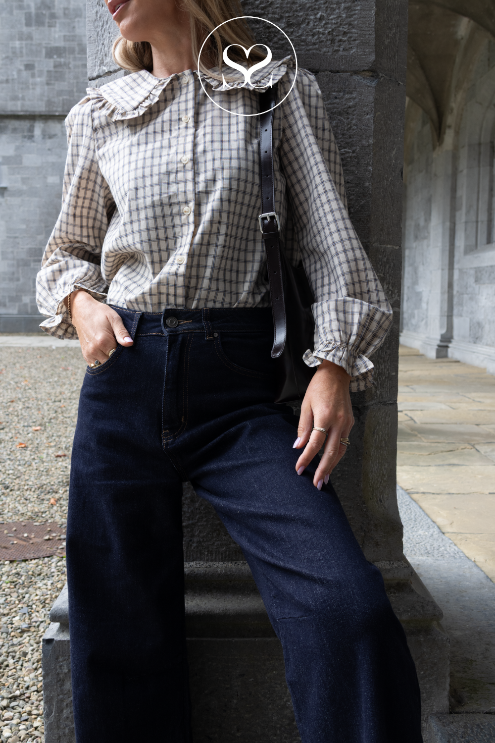 Beige and Black Checked Ruffled Collar Shirt — Q3345