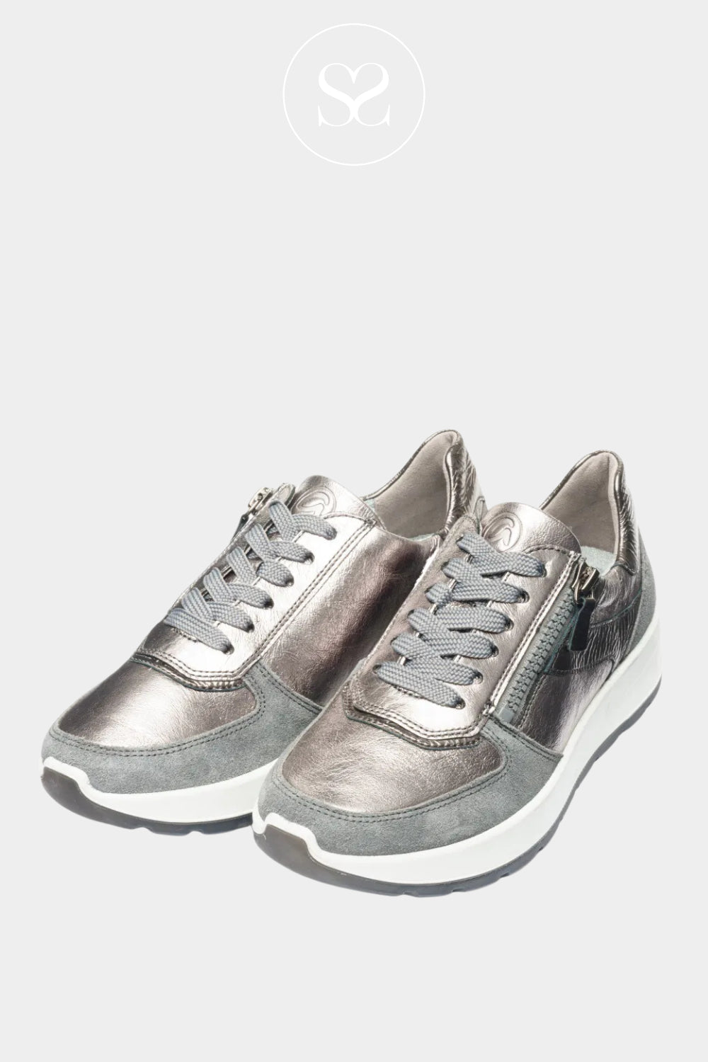 ARA SILVER/PEWTER LEATHER WEDGE TRAINERS WITH WHITE SOLE 12-25112