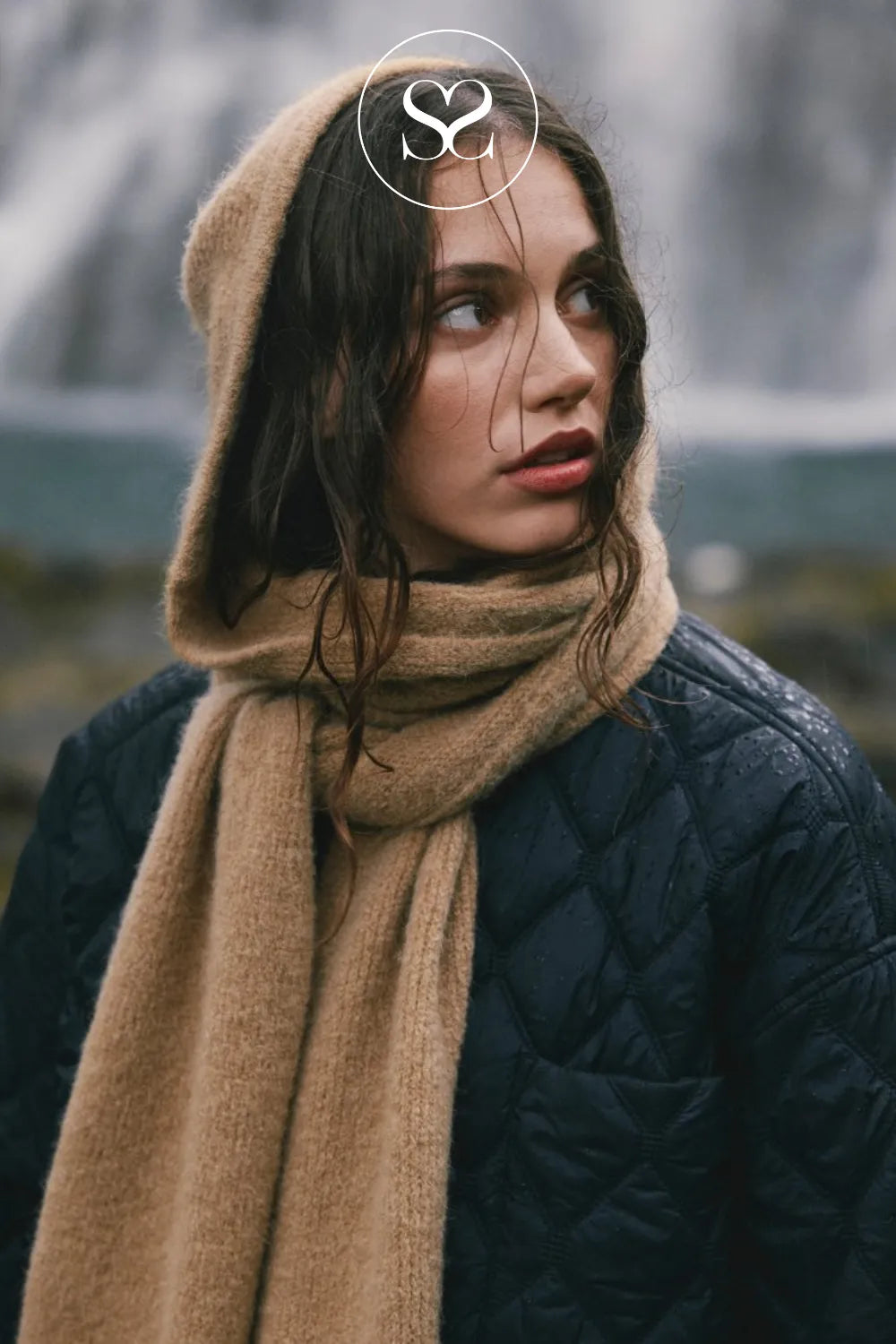 MOSS COPENHAGEN TAN HOOD SCARF - HOPE  FOR WOMEN A SOFT KNITTED SEASONAL STAPLE HOOD SCARF