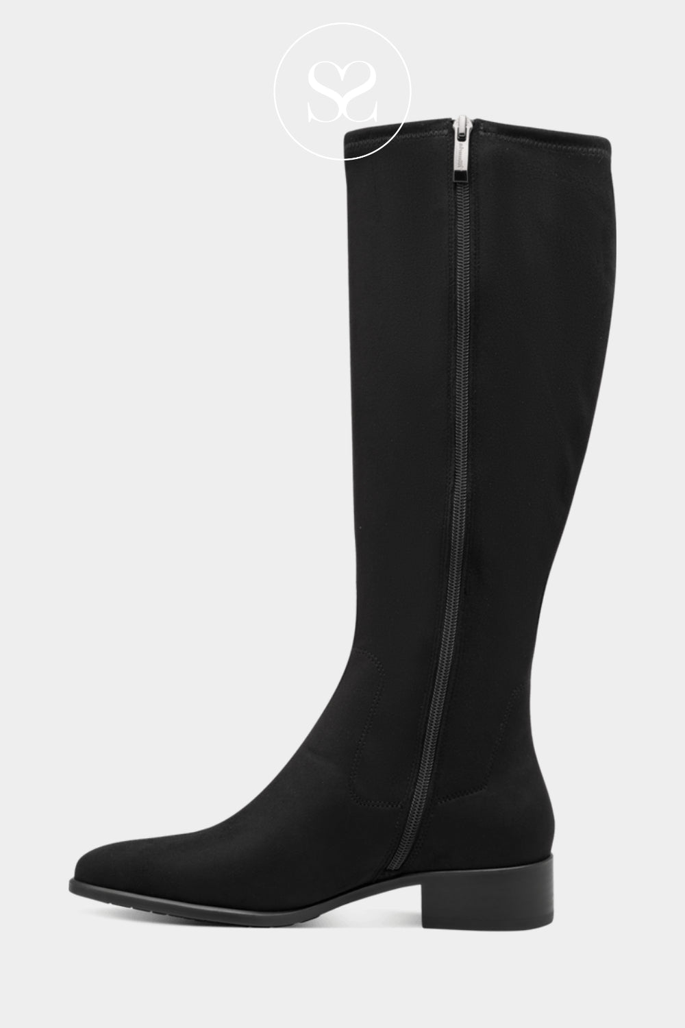 Black suede-look knee-high boots with a soft finish, slim shaft and easy-to-wear flat sole.