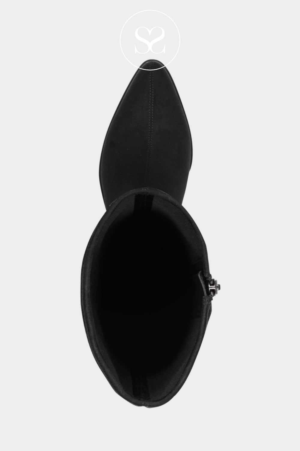Black flat knee-high boots with a low block heel, rounded toe and simple everyday shape.