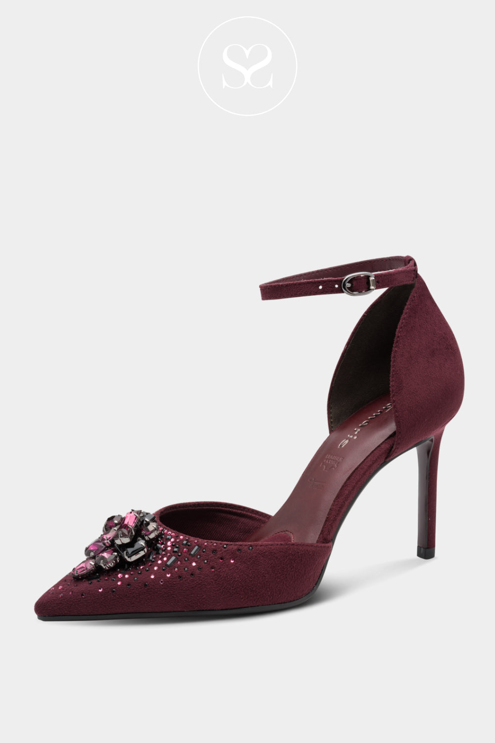 Maroon high-heeled shoe with floral jewel embellishment and a wrap around ankle strap for Women in Ireland