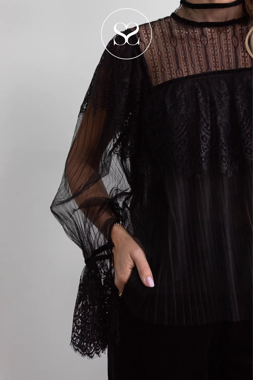 Black Lace and Pleated Tulle Blouse — 81067