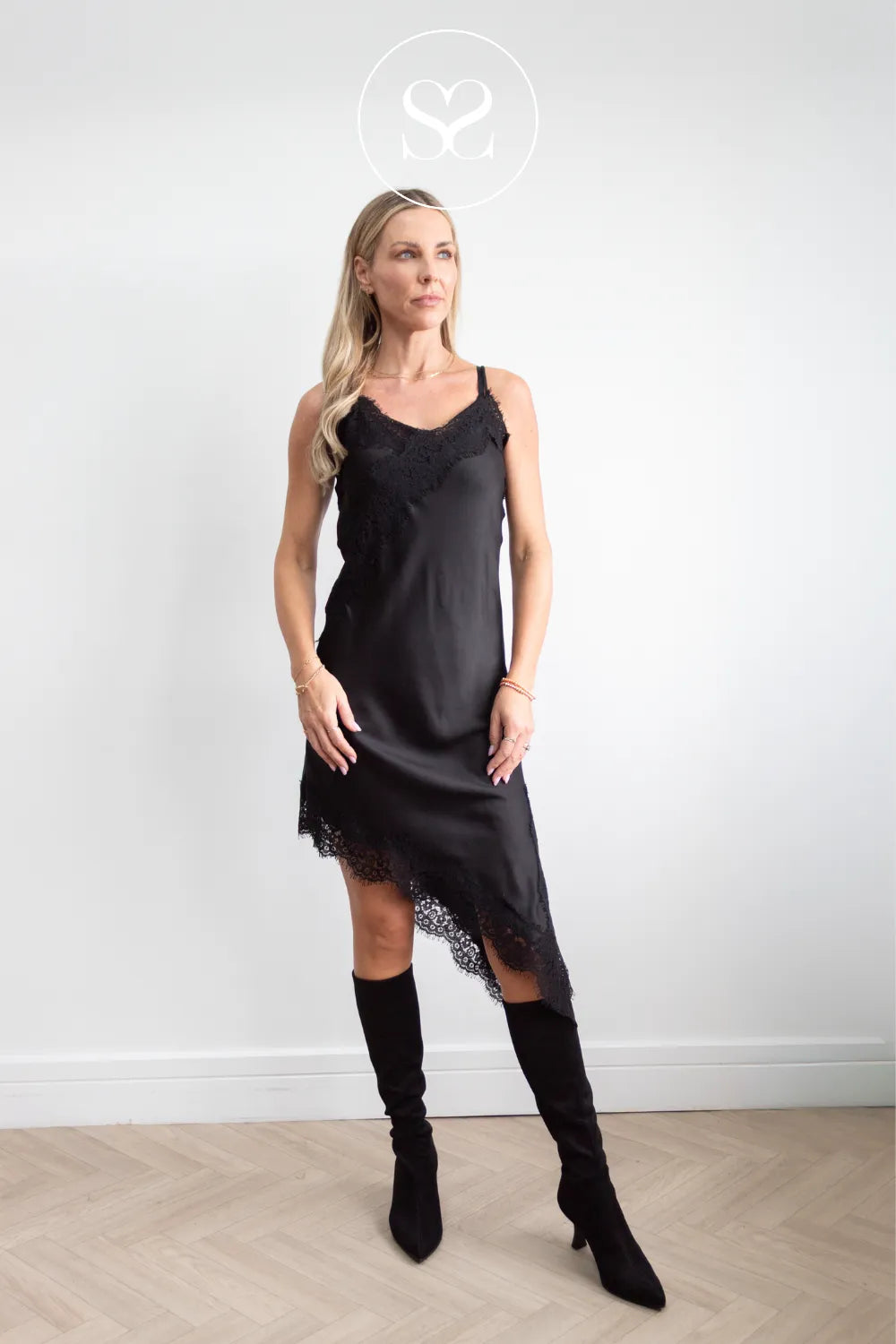 Black Asymmetrical Satin Dress - 9218
