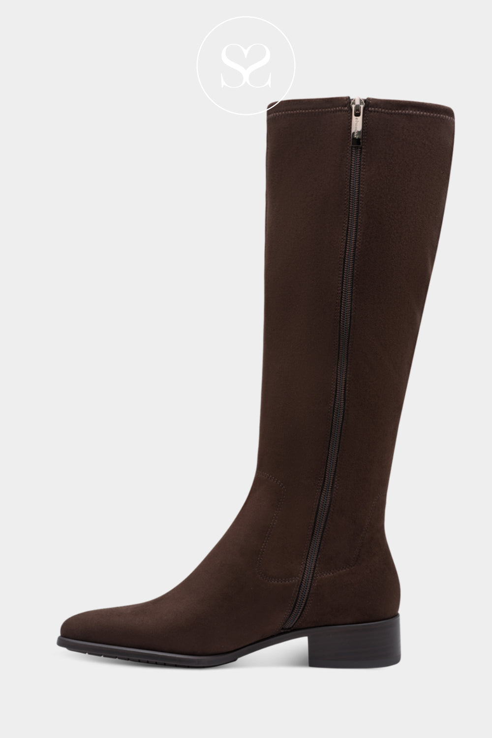 Chocolate brown long boots with a soft suede finish and practical zip fastening.