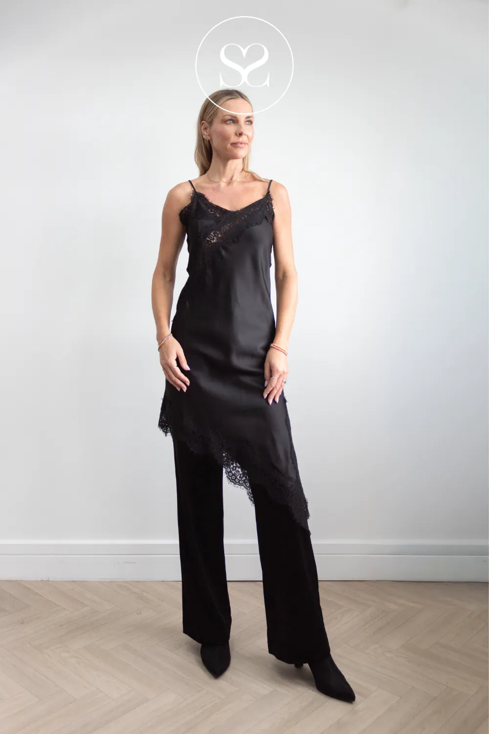 Black Asymmetrical Satin Dress - 9218
