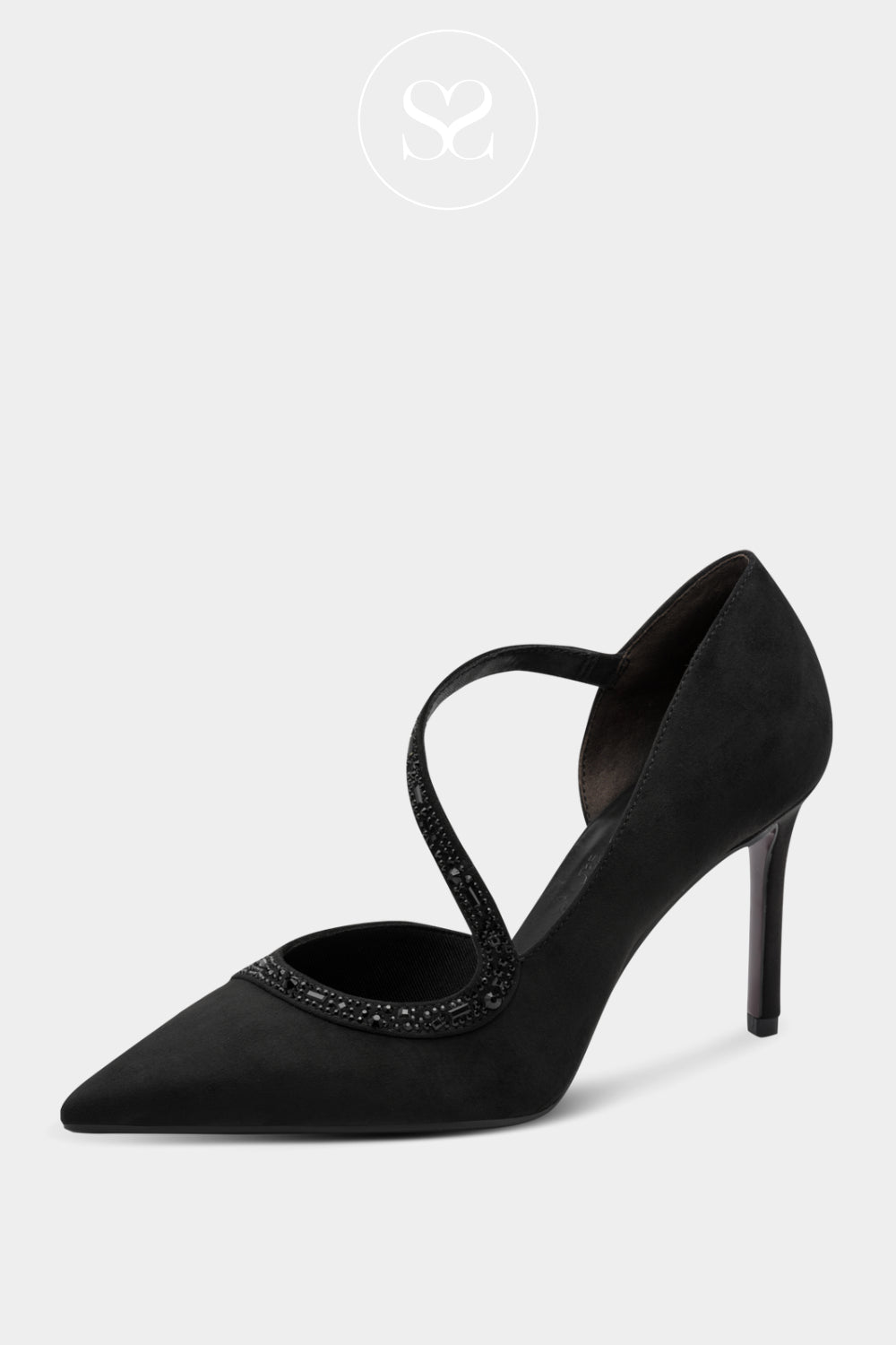 Black Pointed Toe High Heels with a Sparkly Embroidered Strap Across the bridge of the foot