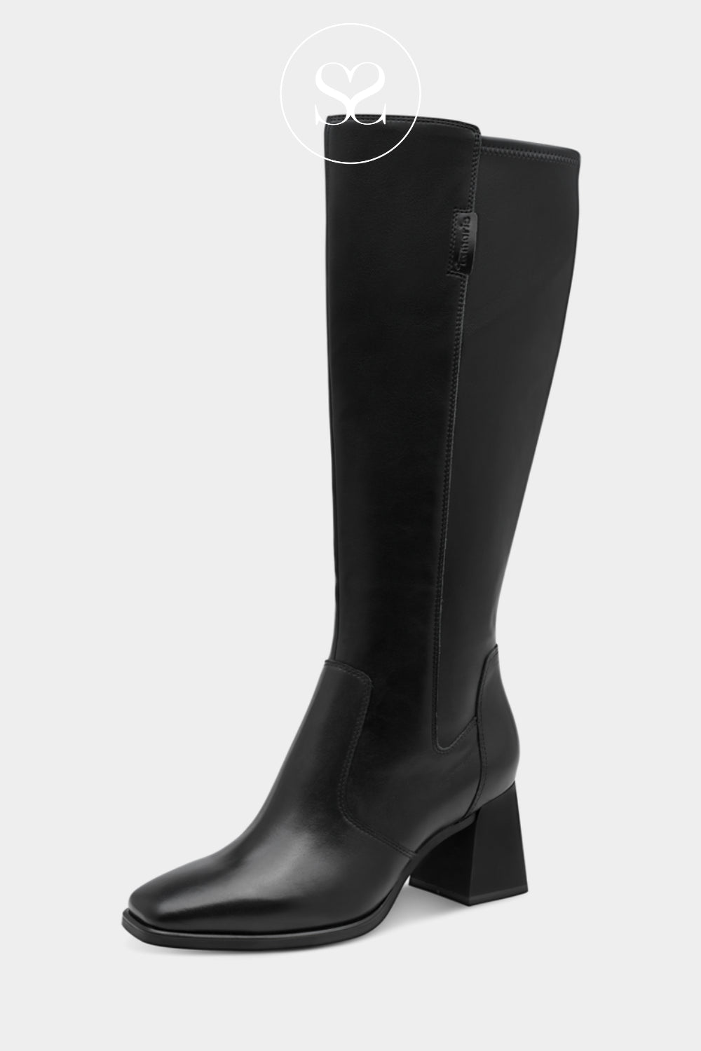 Black knee-high heeled boots with a smooth leather finish, rounded toe and modern block heel.