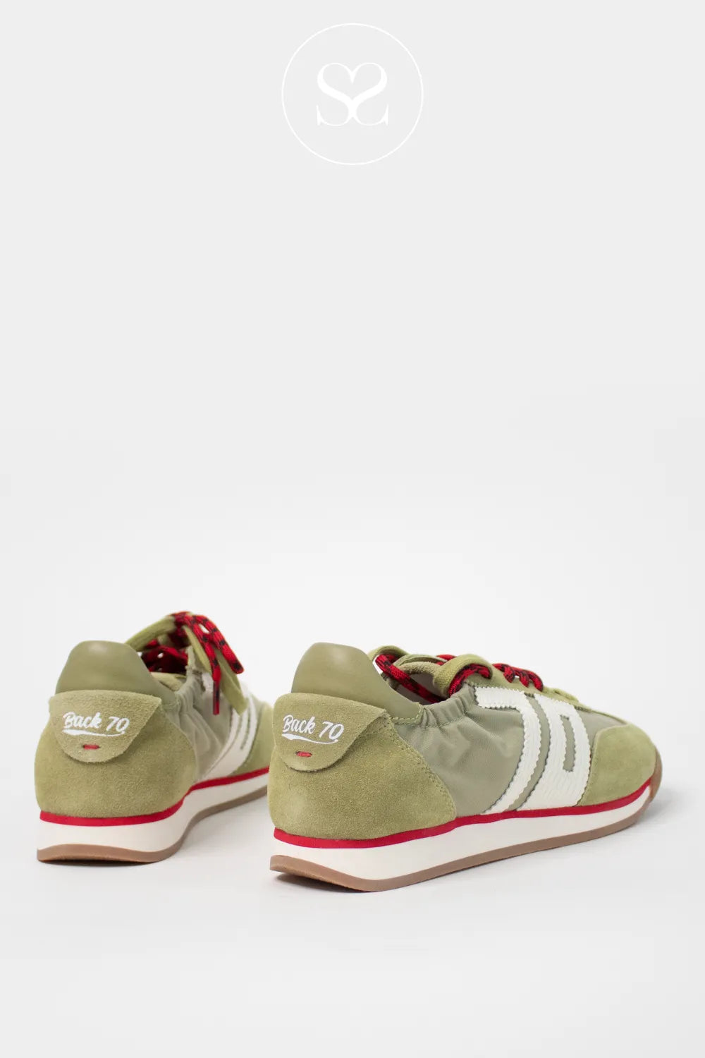Retro back 70 sneakers. Green and red. Suede and fabric sneakers. Fashion trainers. Colourful sporty style sneakers.
