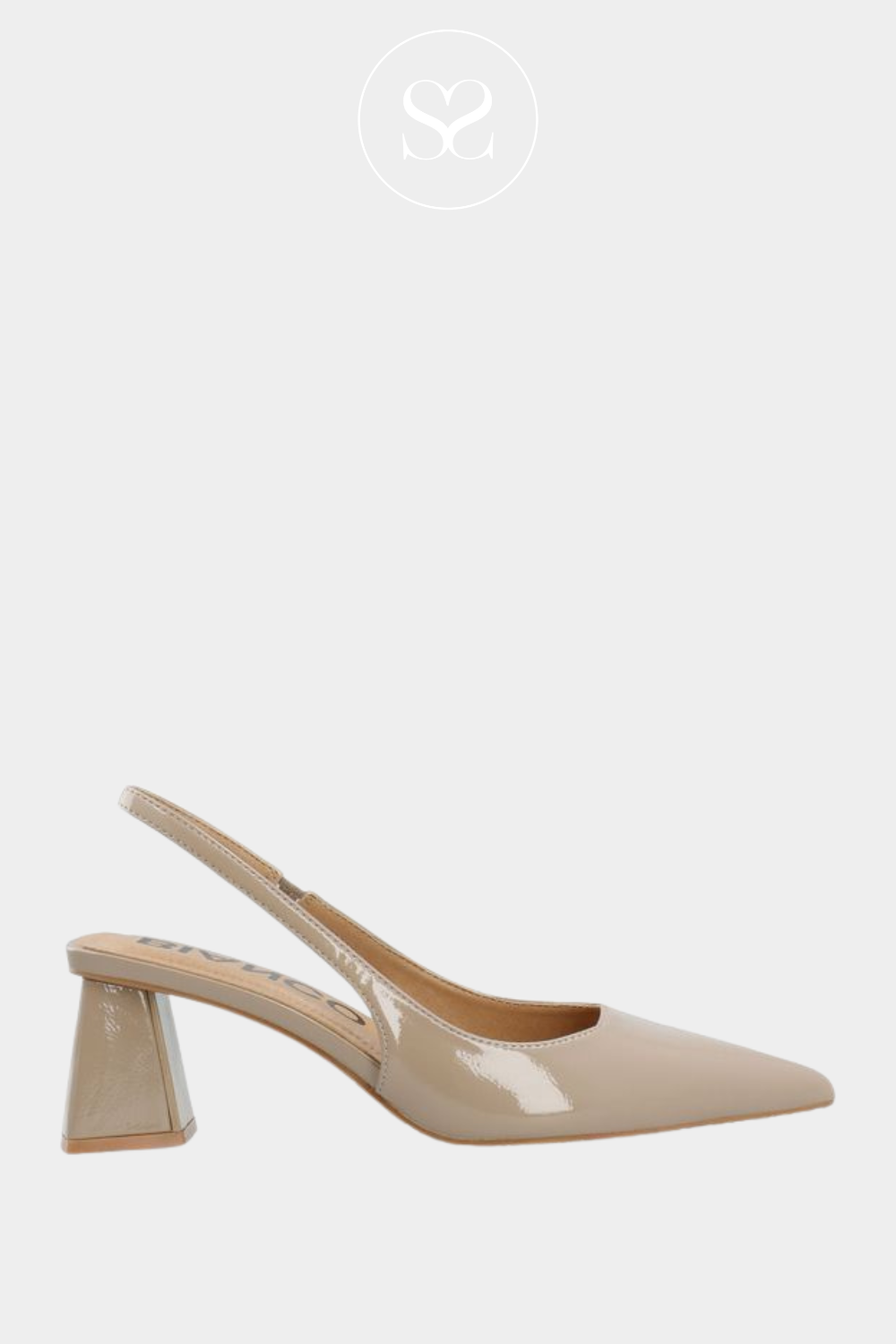Bianco taupe patent pointed toe slingback heels with elasticated slingback and triangular block heel for comfort and stability. Gel cushioned sole.