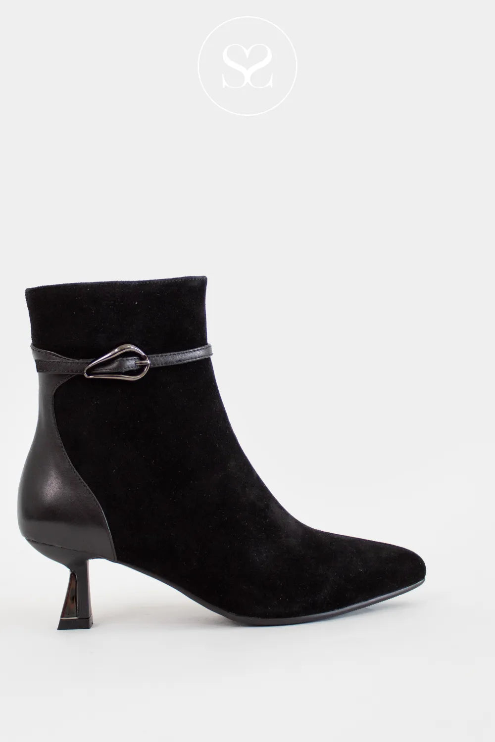LORETTA VITALE BLACK SUEDE/PATENT POINTED TOE DRESS BOOTS C4608 FOR WOMEN WITH BLACK SUEDE FINISH AND BLACK PATENT DETAIL AND WITH LEATHER LINING INNER