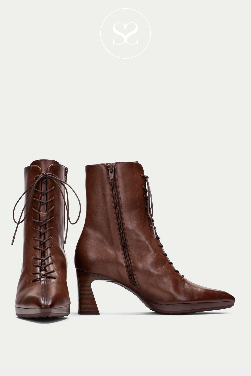 Brown leather boots for women with lace up front, block heel and pointed toe