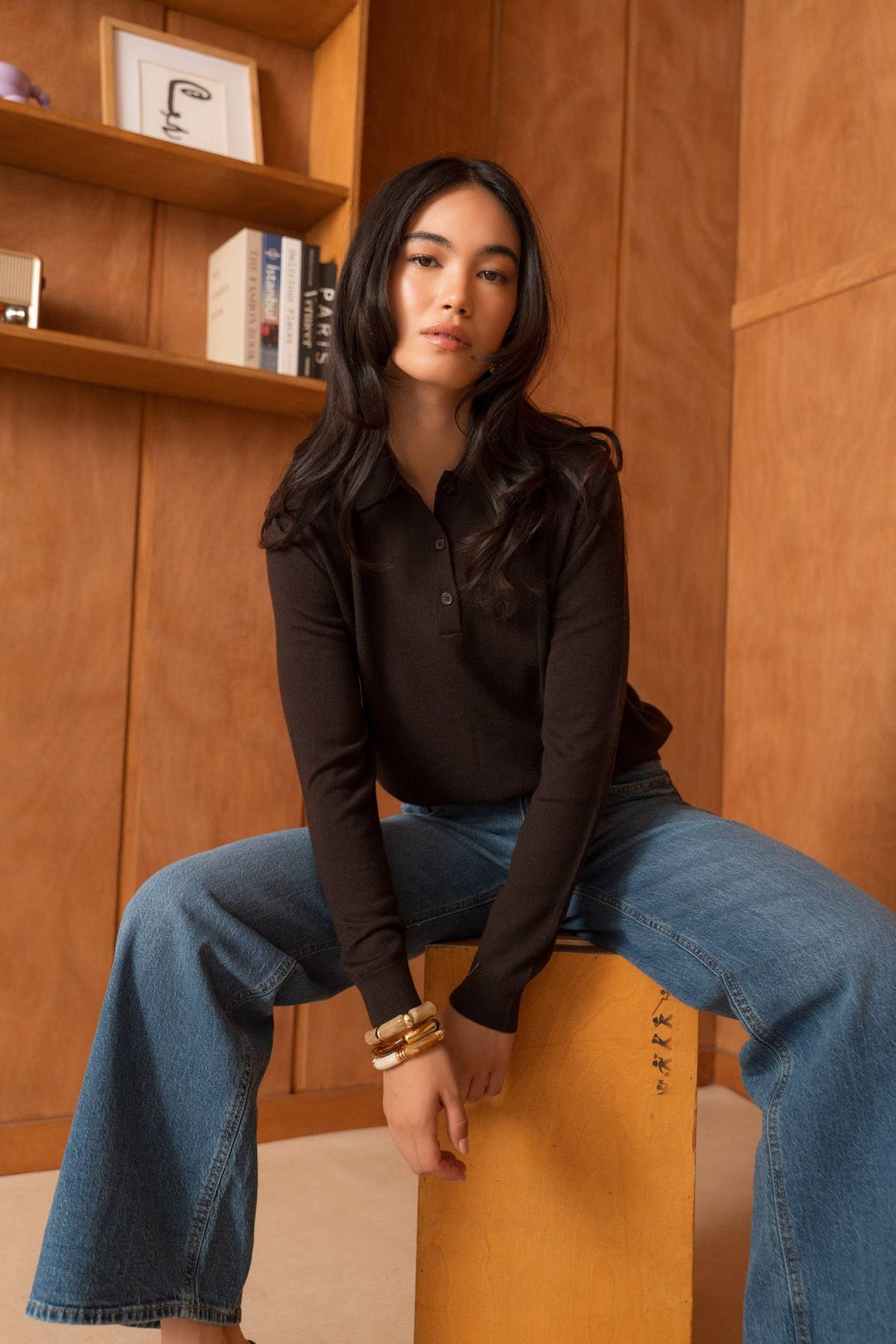 Brown Merino Wool Long Sleeve Polo - ME202616L