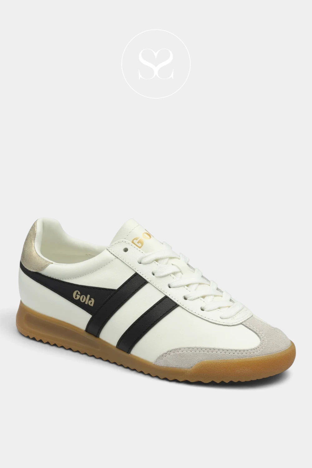 A low-top Gola sneaker in off-white leather with black side stripes, a tan gum sole, and gold accents, shown on a light gray background.