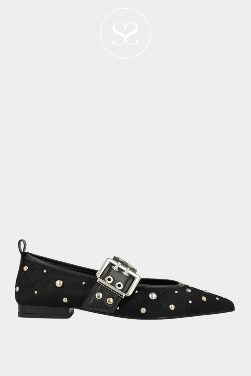 LODI BLACK STUDDED FLAT BUCKLE STRAP PUMPS A-ISQ5670P