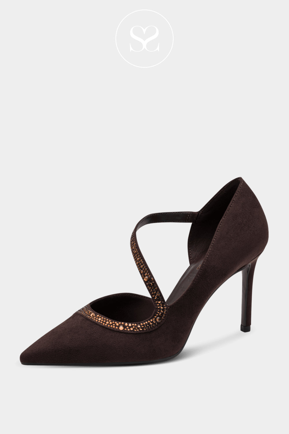 Brown suede high-heeled shoe with bronze gold embellishments for women in Ireland
