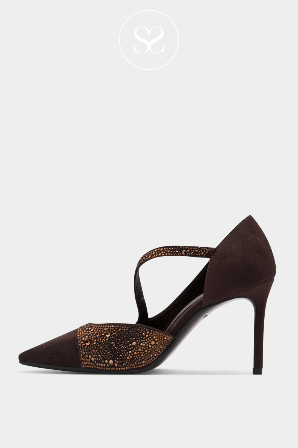 Brown suede high-heeled shoe with bronze gold mbellishments for women in Ireland Tamaris