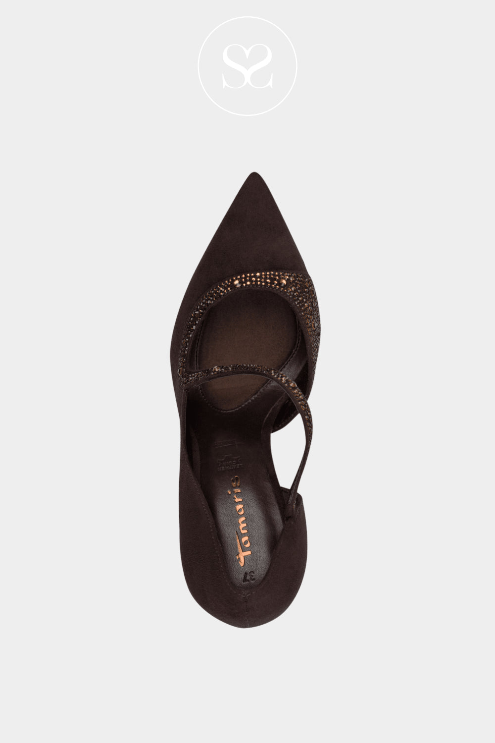 Brown suede high-heeled shoe with bronze gold mbellishments for women in Ireland