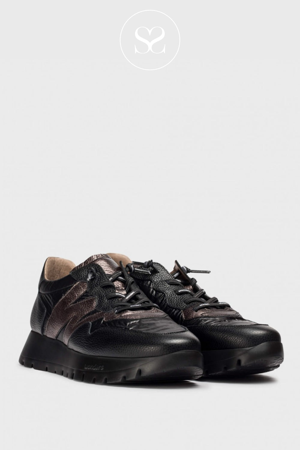 Black wonders trainers for women in Ireland with elasticated laces and wedge sole