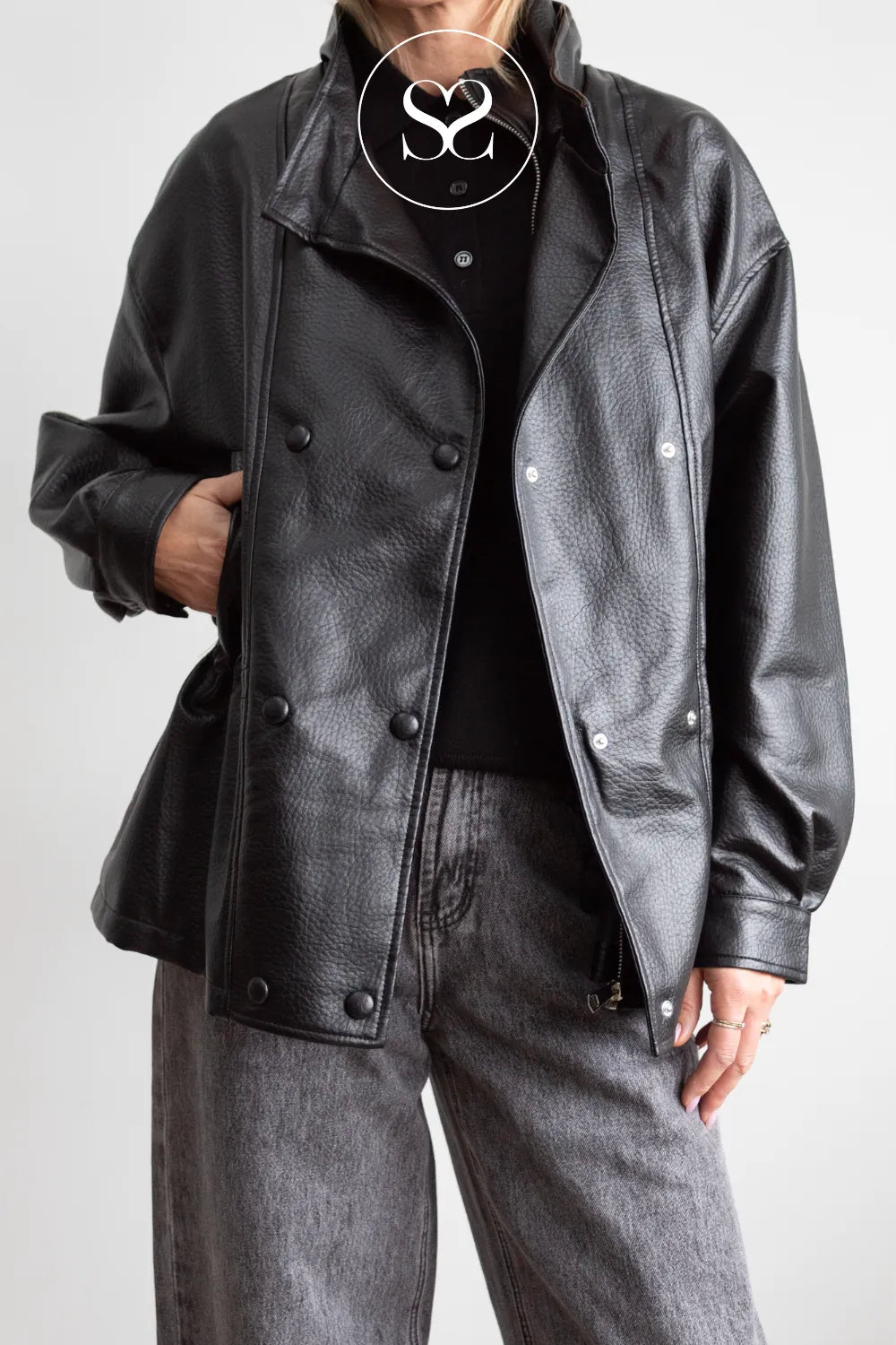 Black Double Breasted Leather Jacket- CV2213
