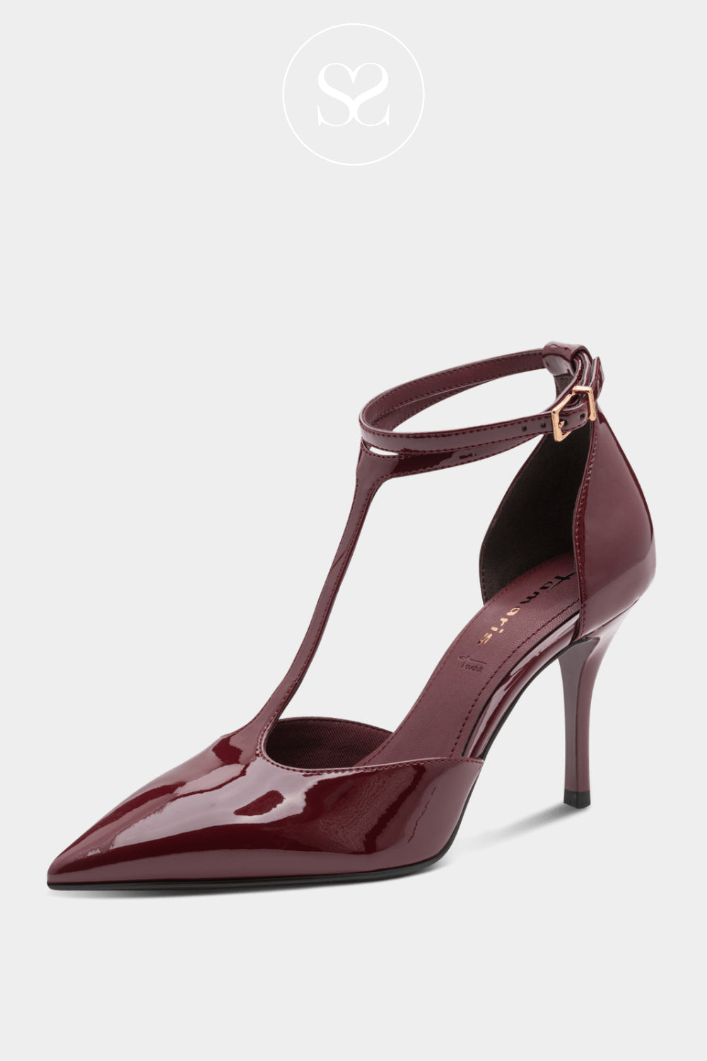 Shiny maroon high-heeled shoe with a T-strap wrap around ankle strap for women in Ireland