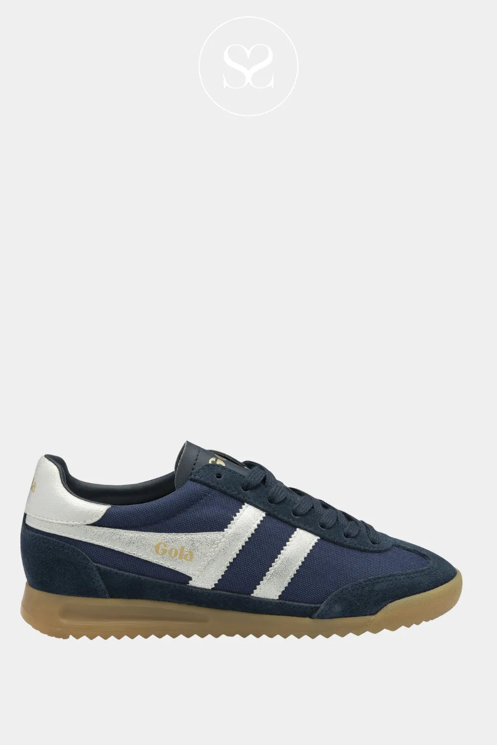 GOLA TORNADO NAVY LEATHER LACE UP TRAINERS FOR WOMEN WITH SILVER METALLIC DETAILS 