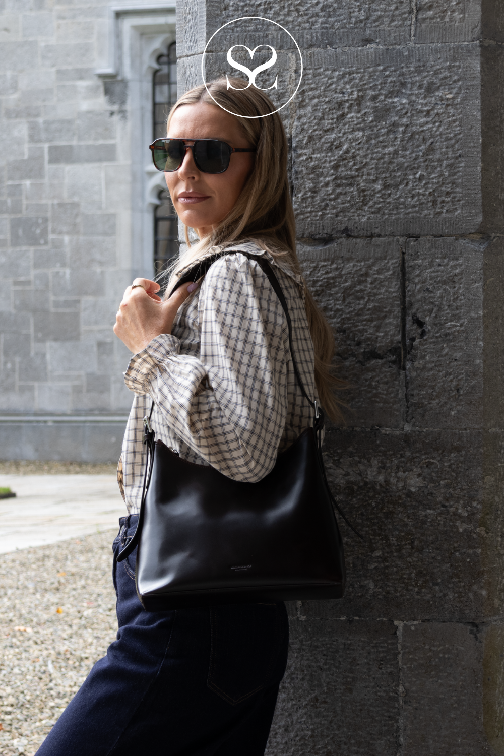 Beige and Black Checked Ruffled Collar Shirt — Q3345