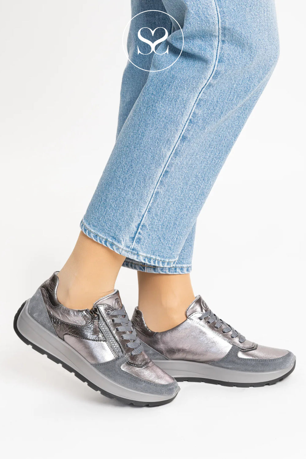 ARA SILVER WEDGE SNEAKERS WITH SIDE ZIP AND LACES 12-25112