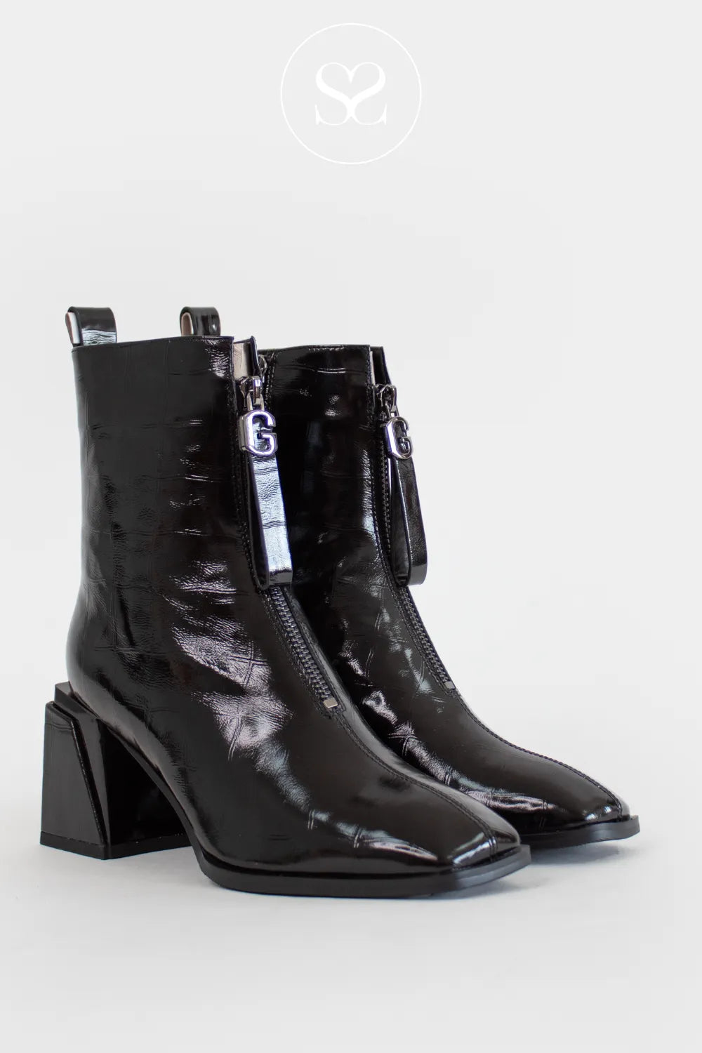 LORETTA VITALE BLACK PATENT CROC EFFECT BLOCK HEEL ANKLE BOOTS C9659 FOR WOMEN WITH SQUARE TOE 